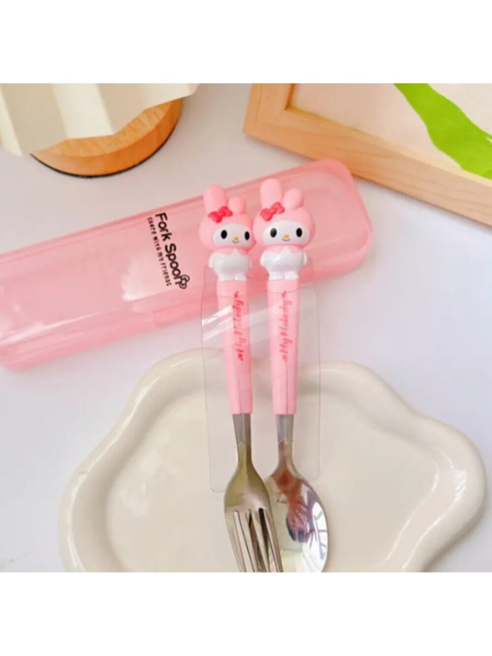 My Melody Fork Spoon Set with Case Kawaii Hello Kitty Pink Utensils